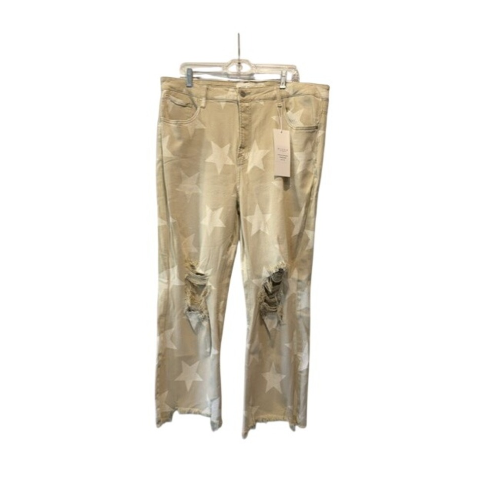 Risen Jeans Womens 3XL Khaki Star Print Wide Leg Distressed Denim Raw Hem NWT